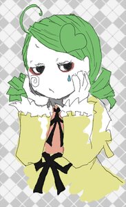 Rating: Safe Score: 0 Tags: 1girl ahoge argyle argyle_background black_eyes checkered checkered_background dress green_hair hands_on_own_face hands_up image kanaria long_sleeves neck_ribbon plaid_background ribbon solo tears tile_wall tiles upper_body User: admin
