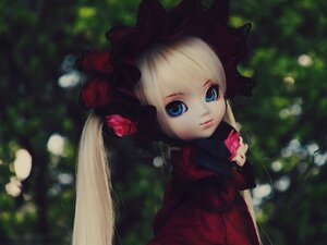 Rating: Safe Score: 0 Tags: 1girl bangs blonde_hair blue_eyes blurry bonnet closed_mouth depth_of_field doll flower holding holding_flower lips looking_at_viewer outdoors red_flower rose shinku solo upper_body User: admin