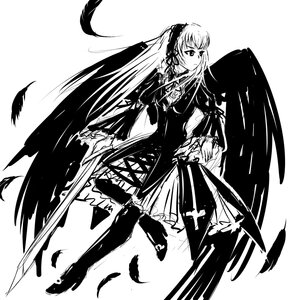 Rating: Safe Score: 0 Tags: 1girl black_feathers black_wings dress feathered_wings feathers frills full_body greyscale hairband holding_weapon image lolita_hairband long_hair long_sleeves looking_at_viewer monochrome simple_background solo standing suigintou very_long_hair weapon white_background white_feathers wings User: admin