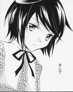 Rating: Safe Score: 0 Tags: 1girl blush closed_mouth frills frown greyscale hat image looking_at_viewer monochrome neck_ribbon ribbon short_hair solo souseiseki striped User: admin