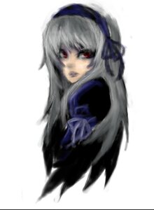 Rating: Safe Score: 0 Tags: 1girl bangs blurry closed_mouth depth_of_field dress hairband image long_hair long_sleeves looking_at_viewer red_eyes ribbon silver_hair simple_background solo suigintou upper_body white_background wings User: admin