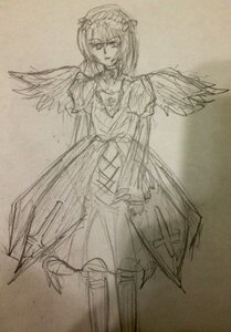 Rating: Safe Score: 0 Tags: 1girl dress full_body image long_sleeves monochrome short_hair sketch solo standing suigintou traditional_media wings User: admin