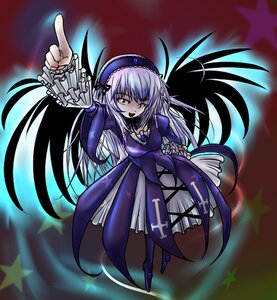 Rating: Safe Score: 0 Tags: 1girl arm_up black_wings cross dress frills hairband image index_finger_raised lolita_hairband long_hair long_sleeves open_mouth pointing red_eyes silver_hair solo star_(symbol) starry_background suigintou very_long_hair wings User: admin