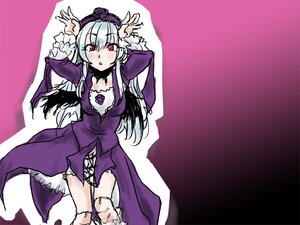 Rating: Safe Score: 0 Tags: 1girl black_wings dress flower frills hairband image long_hair long_sleeves looking_at_viewer purple_dress purple_flower red_eyes rose silver_hair solo suigintou wings User: admin