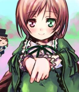 Rating: Safe Score: 0 Tags: bangs blush brown_hair dress frills green_dress green_eyes hat heterochromia image long_sleeves looking_at_viewer multiple_girls ribbon short_hair smile solo souseiseki suiseiseki User: admin