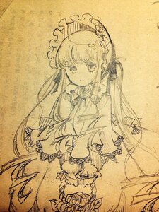 Rating: Safe Score: 0 Tags: 1girl bonnet dress eyebrows_visible_through_hair flower frills image long_hair long_sleeves looking_at_viewer monochrome rose shinku smile solo traditional_media very_long_hair User: admin