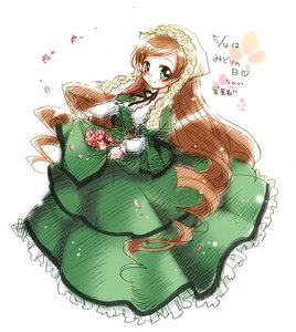 Rating: Safe Score: 0 Tags: 1girl blush brown_hair dress flower frills green_dress green_eyes holding image long_hair long_sleeves looking_at_viewer petals rose smile solo striped striped_background suiseiseki vertical_stripes very_long_hair User: admin