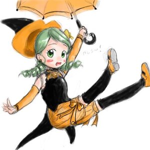 Rating: Safe Score: 0 Tags: 1girl blush green_eyes green_hair hat image kanaria open_mouth orange_footwear sketch smile solo striped umbrella white_background User: admin