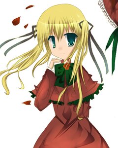 Rating: Safe Score: 0 Tags: 1girl blonde_hair bow bowtie capelet cowboy_shot dress green_eyes green_neckwear hair_ribbon image leaf long_hair long_sleeves looking_at_viewer red_dress ribbon shinku simple_background solo striped twintails white_background User: admin