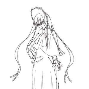 Rating: Safe Score: 0 Tags: 1girl capelet dress greyscale hat image long_hair long_sleeves looking_at_viewer monochrome shinku simple_background sketch solo standing very_long_hair white_background User: admin