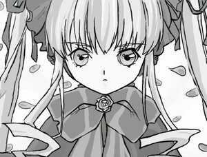 Rating: Safe Score: 0 Tags: 1girl dress flower greyscale image long_hair long_sleeves looking_at_viewer monochrome petals ribbon rose shinku sidelocks simple_background solo twintails upper_body User: admin