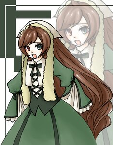 Rating: Safe Score: 0 Tags: :o black_ribbon brown_hair dress frills green_dress hat heterochromia image long_hair long_sleeves looking_at_viewer open_mouth red_eyes siblings solo standing suiseiseki twins very_long_hair User: admin