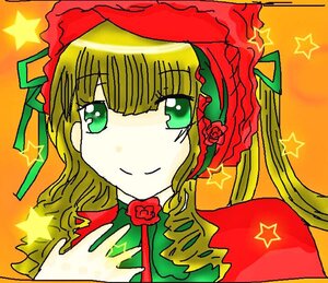 Rating: Safe Score: 0 Tags: 1girl blonde_hair flower green_eyes image long_hair orange_background red_flower red_rose rose shinku simple_background smile solo star_(symbol) starry_background upper_body yellow_background User: admin