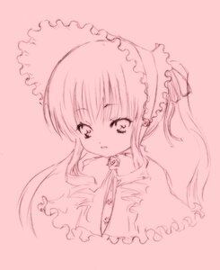 Rating: Safe Score: 0 Tags: 1girl bow dress frills image long_hair long_sleeves looking_at_viewer monochrome pink_background pink_theme shinku simple_background solo upper_body User: admin