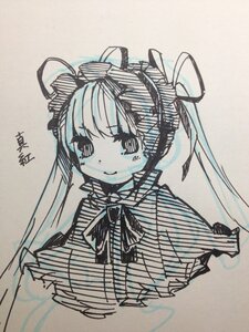 Rating: Safe Score: 0 Tags: 1girl blush bow closed_mouth dress hair_ribbon image long_hair monochrome photo ribbon shinku simple_background sketch smile solo striped traditional_media upper_body User: admin