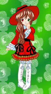 Rating: Safe Score: 0 Tags: 1girl boots bow brown_hair dress frills full_body green_background green_eyes hat heterochromia image long_hair long_sleeves pantyhose red_dress red_eyes smile solo standing suiseiseki User: admin