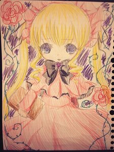 Rating: Safe Score: 0 Tags: 1girl blonde_hair bow drill_hair flower hat image long_hair looking_at_viewer rose shinku signature simple_background solo traditional_media twin_drills User: admin