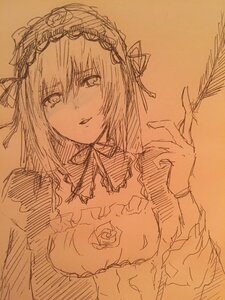 Rating: Safe Score: 0 Tags: 1girl eyebrows_visible_through_hair flower hairband image long_hair long_sleeves looking_at_viewer monochrome rose sketch smile solo suigintou traditional_media User: admin