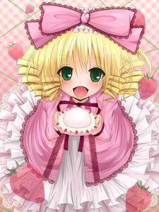 Rating: Safe Score: 0 Tags: 1girl :d blonde_hair blush bow checkered checkered_background dress drill_hair food frills fruit green_eyes hina_ichigo hinaichigo image lolita_fashion long_sleeves looking_at_viewer open_mouth pink_bow pink_dress smile solo strawberry User: admin