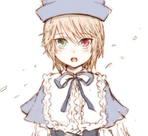 Rating: Safe Score: 0 Tags: 1girl blonde_hair blue_headwear blue_neckwear blue_ribbon blush capelet green_eyes hat heterochromia image looking_at_viewer open_mouth red_eyes ribbon short_hair simple_background solo souseiseki upper_body white_background User: admin