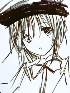 Rating: Safe Score: 0 Tags: 1girl bangs blush collared_shirt eyebrows_visible_through_hair hariruri hat image looking_at_viewer monochrome ribbon shirt short_hair sketch solo souseiseki upper_body User: admin