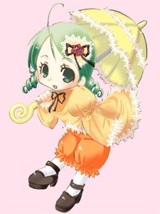 Rating: Safe Score: 0 Tags: 1girl ahoge auto_tagged bloomers blush drill_hair full_body green_eyes green_hair holding image kanaria long_sleeves looking_at_viewer pantyhose parasol pink_background puffy_sleeves shoes simple_background solo striped twin_drills umbrella vertical_stripes User: admin