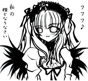 Rating: Safe Score: 0 Tags: 1girl bare_shoulders black_wings blush dress greyscale image lolita_hairband long_hair looking_at_viewer monochrome musical_note ribbon shinku simple_background smile solo suigintou two_side_up upper_body white_background wings User: admin