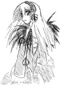 Rating: Safe Score: 0 Tags: 1girl dress greyscale hairband image long_hair long_sleeves looking_at_viewer looking_back monochrome simple_background sketch solo suigintou very_long_hair white_background wings User: admin