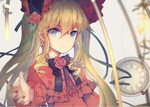 Rating: Safe Score: 0 Tags: 1girl bangs blonde_hair blue_eyes blurry bow closed_mouth dress flower frills hat image long_hair looking_at_viewer nail_polish red_flower rose shinku solo upper_body User: admin