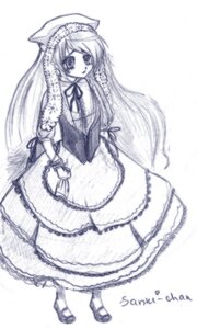 Rating: Safe Score: 0 Tags: 1girl apron bonnet dress frills full_body image lolita_fashion long_hair long_sleeves looking_at_viewer monochrome ribbon solo standing suiseiseki very_long_hair white_background User: admin