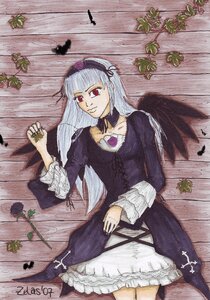 Rating: Safe Score: 0 Tags: 1girl black_wings dress feathers frills hairband image long_hair long_sleeves looking_at_viewer lying nail_polish red_eyes silver_hair solo suigintou wings User: admin