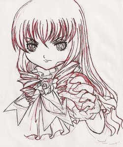 Rating: Safe Score: 0 Tags: 1girl closed_mouth eyebrows_visible_through_hair flower frills image long_hair looking_at_viewer monochrome rose shinku simple_background sketch smile solo traditional_media upper_body User: admin