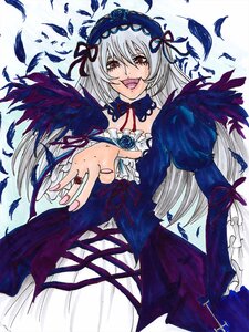 Rating: Safe Score: 0 Tags: 1girl black_wings dress feathers flower frills hairband image long_hair long_sleeves looking_at_viewer open_mouth red_eyes silver_hair smile solo suigintou traditional_media wings User: admin