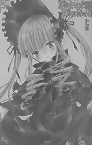 Rating: Safe Score: 0 Tags: 1girl blush bowtie dress drill_hair greyscale image long_hair long_sleeves looking_at_viewer monochrome shinku smile solo twintails upper_body very_long_hair User: admin