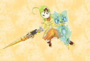 Rating: Safe Score: 0 Tags: 1girl ahoge full_body green_eyes green_hair gun hair_ornament holding_weapon image kanaria solo weapon yellow_background User: admin
