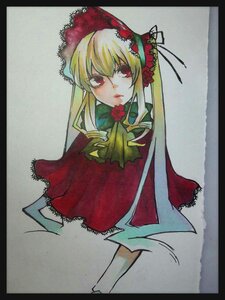 Rating: Safe Score: 0 Tags: 1girl black_border blonde_hair bonnet border bow capelet dress drill_hair expressionless flower image letterboxed long_hair looking_at_viewer marker_(medium) red_dress red_eyes rose shinku simple_background solo traditional_media User: admin