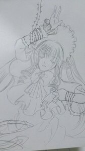 Rating: Safe Score: 0 Tags: 1girl dress greyscale image long_hair long_sleeves monochrome shinku simple_background sketch solo traditional_media User: admin