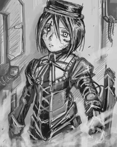 Rating: Safe Score: 0 Tags: 1girl blood dress greyscale image mechanical_halo monochrome neck_ribbon photo ribbon short_hair sketch solo souseiseki traditional_media weapon User: admin