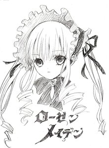 Rating: Safe Score: 0 Tags: 1girl blush bonnet drill_hair image long_hair looking_at_viewer monochrome ribbon shinku simple_background solo traditional_media twin_drills twintails white_background User: admin