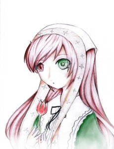 Rating: Safe Score: 0 Tags: 1girl green_eyes head_scarf heterochromia image long_hair looking_at_viewer pink_hair red_eyes simple_background solo striped suiseiseki traditional_media upper_body white_background User: admin