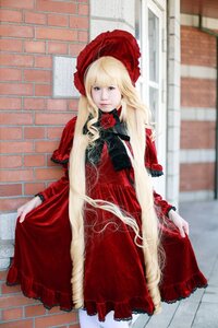 Rating: Safe Score: 0 Tags: 1girl blonde_hair blue_eyes bonnet brick_wall dress flower long_hair long_sleeves looking_at_viewer pantyhose red_dress rose shinku solo standing tiles User: admin