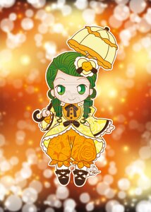 Rating: Safe Score: 0 Tags: 1girl blurry blurry_background blurry_foreground bow depth_of_field dress flower food full_body green_eyes green_hair hair_ornament image kanaria long_sleeves parasol smile solo umbrella User: admin