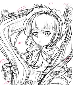 Rating: Safe Score: 0 Tags: 1girl bow bowtie brooch earrings greyscale image jewelry long_hair monochrome petals shinku signature simple_background sketch solo white_background User: admin