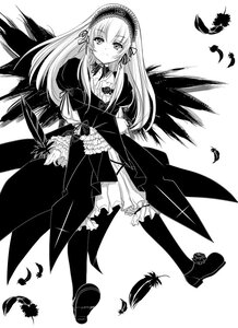 Rating: Safe Score: 0 Tags: 1girl black_feathers dress feathered_wings feathers frills greyscale hairband image long_hair long_sleeves looking_at_viewer monochrome solo suigintou wings User: admin