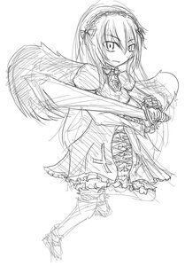 Rating: Safe Score: 0 Tags: 1girl dress frills full_body greyscale hairband image lolita_hairband long_hair long_sleeves looking_at_viewer monochrome simple_background sketch solo suigintou weapon white_background wings User: admin