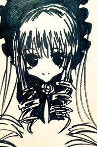 Rating: Safe Score: 0 Tags: 1girl bangs blush closed_mouth eyebrows_visible_through_hair flower image long_hair looking_at_viewer monochrome portrait ribbon shinku simple_background solo traditional_media User: admin