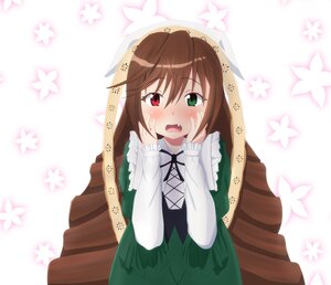 Rating: Safe Score: 0 Tags: 1girl blush brown_hair diagonal_stripes dress green_dress green_eyes hands_on_own_face heterochromia image long_hair long_sleeves open_mouth red_eyes solo striped striped_background suiseiseki tears vertical_stripes very_long_hair User: admin