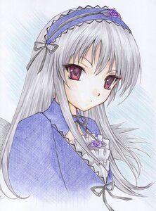 Rating: Safe Score: 0 Tags: 1girl bangs black_ribbon closed_mouth dress expressionless flower frills hairband image long_hair long_sleeves looking_at_viewer neck_ribbon pink_eyes ribbon rose silver_hair simple_background solo suigintou upper_body white_background User: admin