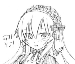 Rating: Safe Score: 0 Tags: 1girl blush bow bowtie dress greyscale image lolita_hairband long_hair looking_at_viewer monochrome simple_background sketch solo suigintou upper_body white_background User: admin