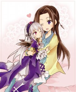 Rating: Safe Score: 0 Tags: 2girls brown_hair dress flower frills hairband heart image kakizaki_megu long_hair long_sleeves multiple_girls one_eye_closed purple_eyes ribbon silver_hair smile solo suigintou wings User: admin